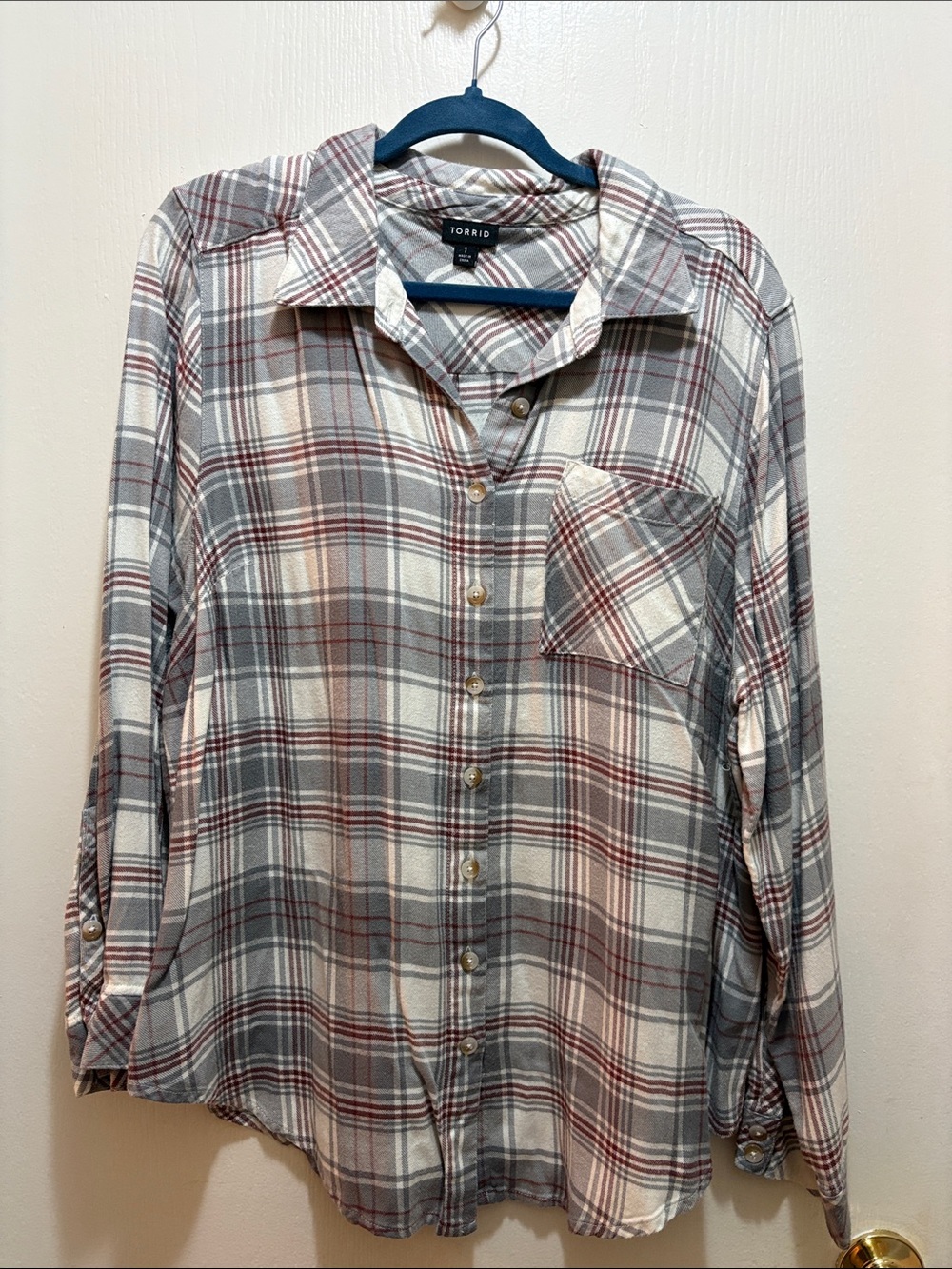 torrid Plaid Button-Up Shirt in Cream, Gray & Red